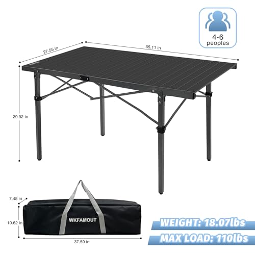 29.9" Tall Folding Camping Table for 2-6 Person, 54.7" Large Aluminum Foldable Roll-up Table Outdoor with Carry Bag for Picnic, Camp, Sturdy, Backyard, Patio - color: Black