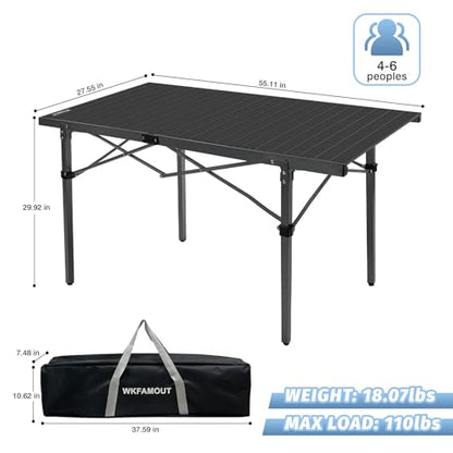 29.9" Tall Folding Camping Table for 2-6 Person, 54.7" Large Aluminum Foldable Roll-up Table Outdoor with Carry Bag for Picnic, Camp, Sturdy, Backyard, Patio - color: Black