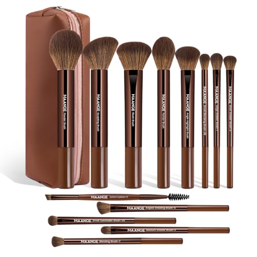 MAANGE 13 PCS Makeup Brushes Professional Make Up Brushes Premium Synthetic Powder Concealers Brushes Travel Makeup Brush Set with Case (Brown) - color: Brown