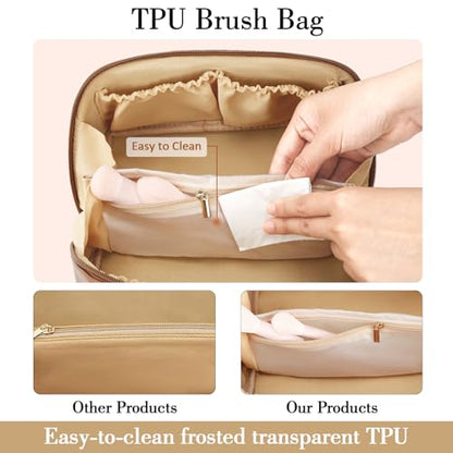 Birthday Gifts for Women Teen Girl, Personalized Initial Makeup Organizer Bag Set, Open Flat Travel Cosmetic Bag With Clear Divider and Handle(Brown,I) - color: Brown, style: I