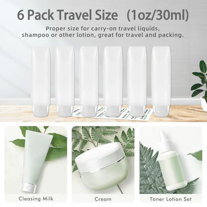 6 Pcs 1 oz Travel Size Toiletries Refillable Travel Bottles, Squeeze Travel Toiletry Bottles with Labels for Toiletry Makeup Travel Containers