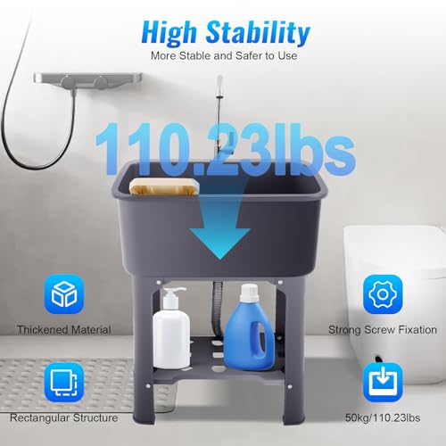 Utility Sink Laundry Tub Freestanding Utility Sink with Faucet & Washboard & Inlet+Drain Pipe Laundry Sink with Storage Shelf Outdoor Sink for Laundry Room, Basement, Garage - color: Gray, 23.6 x 15.7 x 30.1in