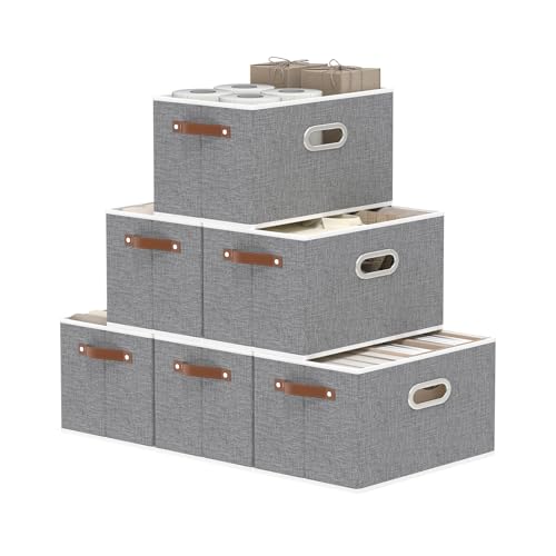 Yawinhe Fabric Storage Baskets, Foldable Closet Organizer for Shelves, Large Boxes with 3 Handles, Canvas Bins for Clothes, Grey, 12.99''Lx9.05''Wx7.87''H, 6-Pack - color: Grey, size: 12.99x9.05x7.87in/6-Pack