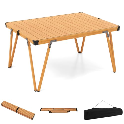 COSTWAY Folding Low Picnic Table, Portable Camping Table with Storage Bag, Lightweight Aluminum Foldable Roll-Up Table 3FT, Outdoor Camp Table for Party, Tailgating, Beach & Backyard (Brown) - color: Brown