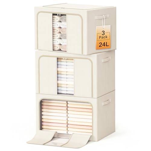 Clothes Storage Bins with Metal Frame, Foldable Clothes Organizers Storage Containers for Clothes, Sheets, Blankets, Pillows and Towels (24L, 3 Pack) Beige - color: Beige, size: 24L（15.7“X11.81"X7.87")