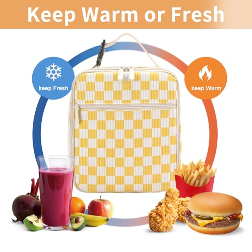 Lunch Box for Women Men Adult Insulated Lunch Bag Women Men Small Reusable Lunchbox for Work Picnic Travel (Beige-Yellow Plaid) - color: Beige-Yellow Plaid