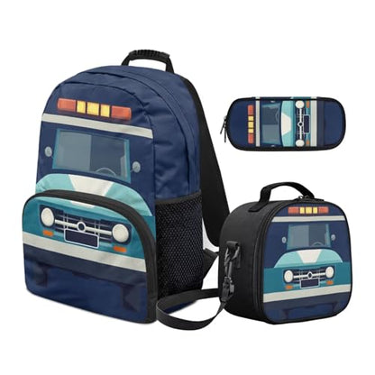 Police Car Kids Boys School Backpacks Set, Schoolbag Matching Combo for Preschool Primary, Lightweight Bookbag, Lunch Box Bundle and Pen Case Set - color: Police Car -2