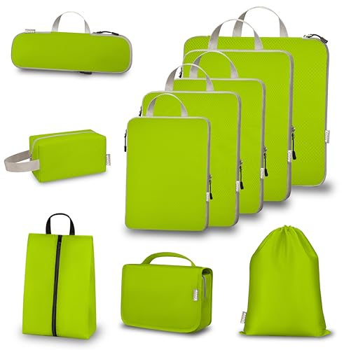 10 Set Compression Packing Cubes for Travel, Expandable Packing Organizer with Hanging Toiletry Bag, Shoe Bag & Accessories Bag, Ultralight Storage Travel Bags for Carry-on Luggage, Green - color: Green, size: Set of 10
