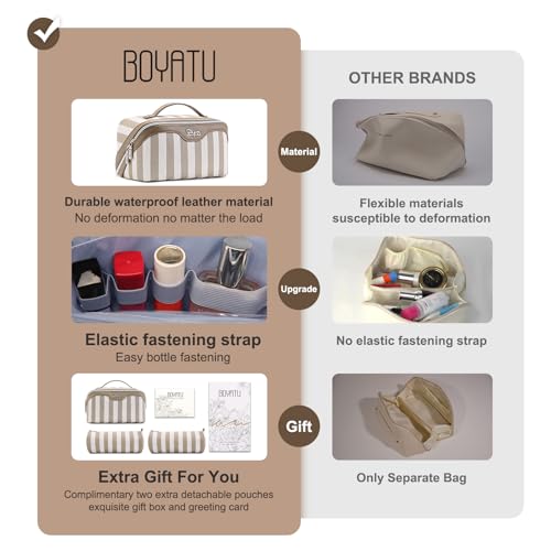 BOYATU Travel Makeup Bag Cosmetic Bag for Women: 3 Pcs Set Striped Make up Bag with Compartment - Waterproof Vegan Leather Toiletry Bag with Handle - Makeup Organizer for Travel Essential(A-6-Apricot) - color: A-6-Apricot