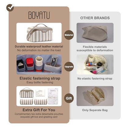 BOYATU Travel Makeup Bag Cosmetic Bag for Women: 3 Pcs Set Striped Make up Bag with Compartment - Waterproof Vegan Leather Toiletry Bag with Handle - Makeup Organizer for Travel Essential(A-6-Apricot) - color: A-6-Apricot