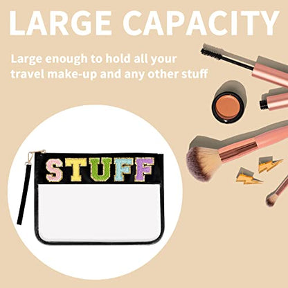 Iqimott Chenille Letter Clear Bag Stuff Pouch, Monogram PVC & PU Makeup Cosmetic Bag Zipper Toiletry Pouch, Waterproof Portable Purse Travel Beach Snack Wristlet Bags for Women Girls(Stuff, Black) - color: Stuff-Black