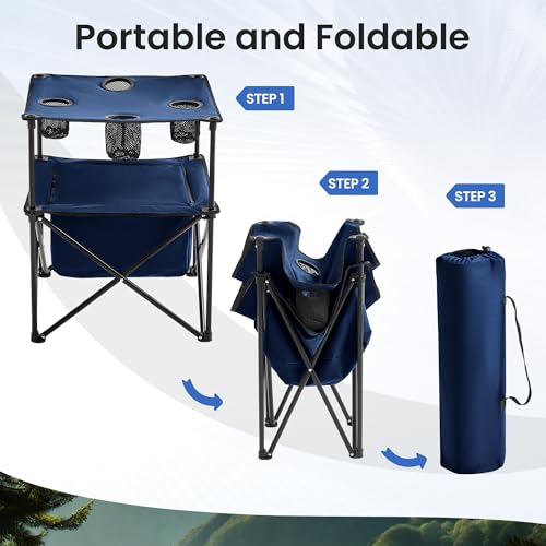 Portable Outdoor Folding Camping Table with 4 Cup Holders & Cooler Compartment, Waterproof Picnic Table for Picnic, BBQ, Beach, Hiking (Navy Blue) - color: Navy Blue