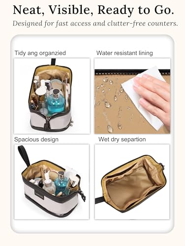 Double-Layer Toiletry Bag, Water-Resistant Hybrid Leather Cosmetic Organizer with Wet/Dry Compartments, 26x15x16cm (Gray, Double layer) - color: Gray