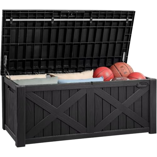 YITAHOME 150 Gallon Large Deck Box with X-Shaped Front, Resin Outdoor Storage Boxes, Waterproof Cushion Storage Bench for Patio, Pool Supplies, Garden Tools - Lockable, Black - color: Black, size: 150 Gallon, style: Deck Box w/X Front