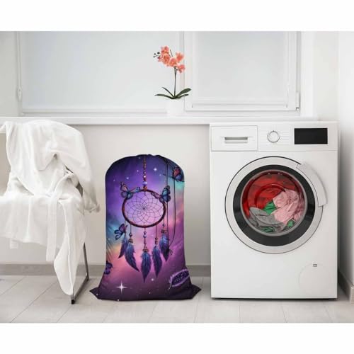 Swono Dreamcatcher Laundry Bag with Drawstring Closure, Foldable, Lightweight, 28" X 40" Watercolor Ethnic Butterflies Feathers Packable Dirty Clothes Pouch for Home Dorm, Camp, Road Trip - color: Dreamcatcher