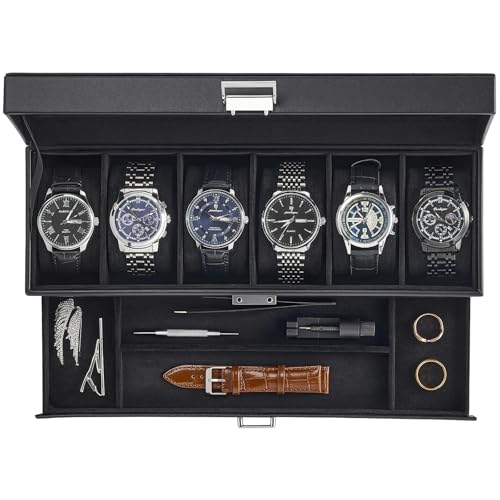 ProCase Watch Case, 6 Slot Mens Watch Box Holder Organizer with Glass Lid, 2-Layer Watches Display Case, Mens Jewelry Box with Drawer, Birthday Valentine Gifts for Men Women -6 Slot, Black - color: Black, size: 6-Slot