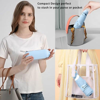 BAODINI Travel Essentials Mini Umbrella for Purse With Case Small Compact UV Sun Protection Lightweight Tiny Pocket Manual Open Close Umbrella for Women Kids and Men Fits Purse Backpack - color: C-2 Pack Purple & Light Blue