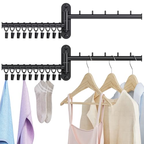 Wall Mounted Drying Rack, 2-Tier Laundry Drying Rack with Swing Arm, Space-Saving Foldable Laundry Clothes Hanger with 10 Clips for Laundry Room Closet Organizer Bathroom Bedroom (2 Pack) - size: 2 Pack