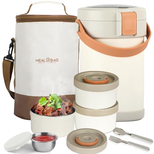 67oz/2L Thermo for Hot Food, 304 Stainless Vacuum Insulated Soup Thermo, Leakproof Thermal Lunch Box with 3 Stackable Bento Boxes & Leakproof Sauce Cups for Adults Office Travel Camping - White - color: Beige(simple version）
