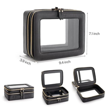 Aveniee XL Clear Makeup Organizer,Double Layer Travel Cosmetic Case with Brush Holder & Zippered Compartments,Big Toiletry Bag for Travel Accessories,2 Layers Large,Black - color: Black, style: Dual Layer Large