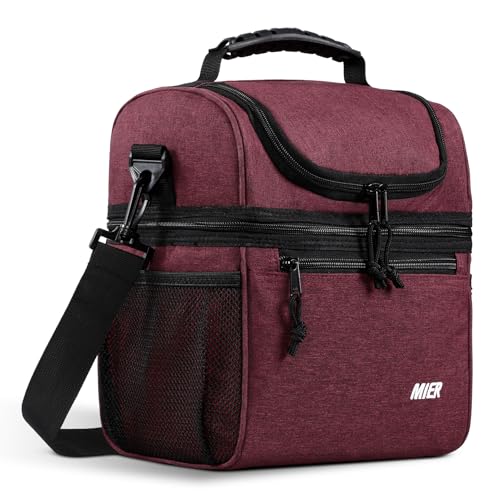 MIER Insulated Lunch Box Dual Compartment Lunch Bag Leakproof Cooler for Men Women Adult Work, Burgundy, Medium (Upgraded Extra-Tall Bottom Layer) - color: Burgundy, size: Medium