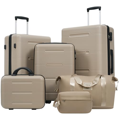 Merax Luggage Set 6 Piece,Lightweight Hardshell Suitcase with Double Spinner Wheels Handle Password Lock,14 IN Cosmetic Case 20/24/28 IN Luggages with Duffel Bag and Toiletry Bag,Khaki - color: Khaki, style: 14+20+24+28+bags