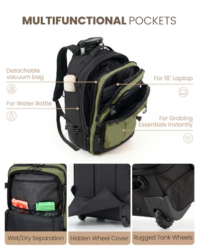 Fanwoli Rolling Vacuum Backpack Travel with One-Button Compression, 55L Expandable, Water Resistant Carry-On Suitcase Luggage, Ideal for Outdoor/Family/Trips - color: Green