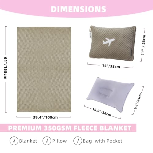 3 in 1 Travel Blanket Pillow Set - 350 GSM Thick Travel Blanket Airplane Compact with Bag, Soft Bag with a Pocket, Inflatable Travel Pillow for Camping & Car Trip (Light Coffee) - color: Light Coffee