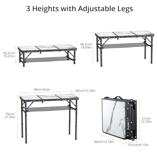 Anbte Folding Camping Table, Aluminum Small Folding Table 3 Adjustable Height Max 27.5", Portable Table with Carry Handle, Lightweight, for Outdoor Indoor Travel Camping Picnic BBQ, 34.6" x 15.7" - color: White Marble Pattern