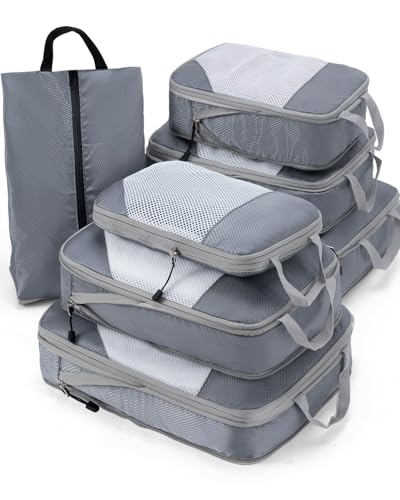 Meowoo 7 Set Compression Packing Cubes for Travel, Durable Ripstop Mesh Suitcase Organizer with Shoe Bag, Ultralight & Expandable Space Saver Travel Cubes - color: Gray