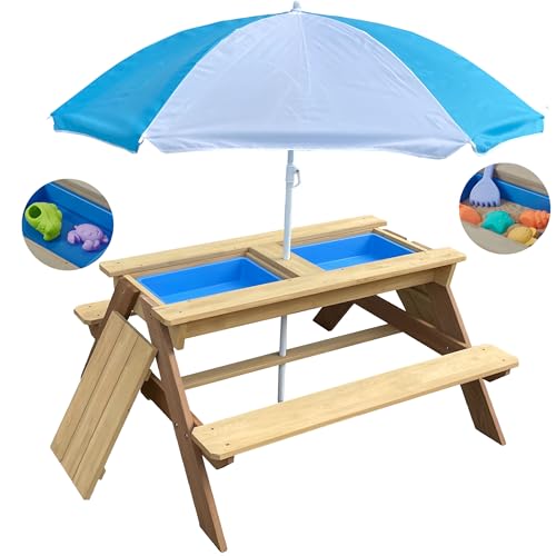 BTExpert Kids 3-in-1 Sand Water Activity Table Wooden Outdoor Convertible Picnic Table Bench Adjustable Umbrella Removable Top 2 Play Boxes Toy Set 37 x 35 in - color: Clear, size: 37 x 35 in