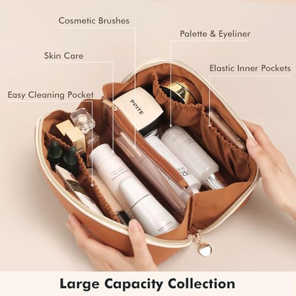 Prite Makeup Bag for Women Travel Waterproof Vegan Leather Cosmetic Bag Open Flat Toiletry Bag With Clear Divider and Handle (New Brown, Large) - color: New Brown, size: Large