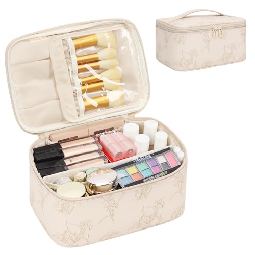 OCHEAL Makeup Bag for Women - Travel Cosmetic Organizer with Brush Slot & Divider, Large Capacity Toiletry Bag for Girls, Travel Makeup Case for everyday Make up Accessories -Beige floral - color: 0022_Beige Lily, size: Medium