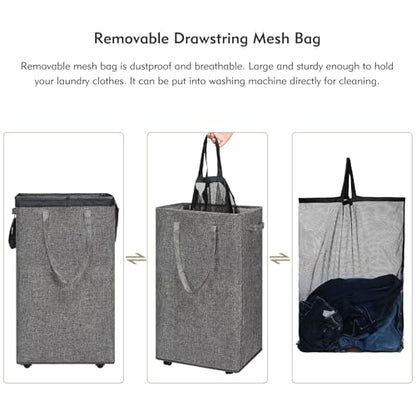 DOKEHOM 90L X-Large Laundry Basket with Removable Wash Bag on Wheels, Collapsible Rolling Laundry Hamper, Foldable Clothes Organizer, Folding Washing Bin (Linen Grey) - color: Linen Grey, size: X-Large Pro 29"