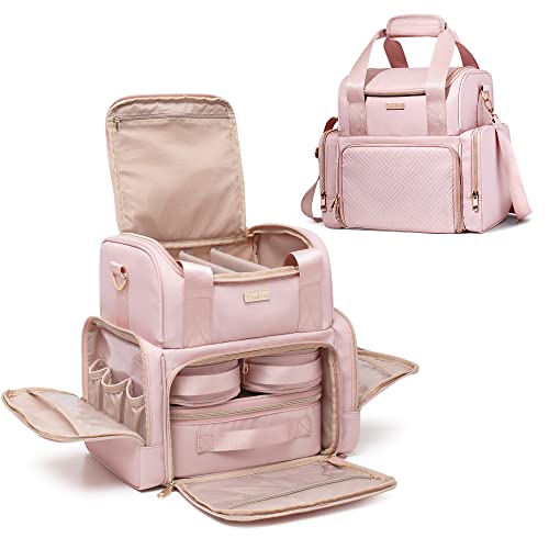 Large Makeup Cosmetic Bag with 3 Removable Case, Double Layer Travel Makeup Organizer Case with Inner Dividers and Makeup Brushes Storage Section, Pink (Patented Design) - color: Pink