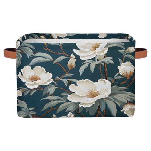 White Rose Leaves Rectangular Storage Bin Collapsible Storage Basket Organizer Boxes with Leather Handle Storage Cube for Shelves Toy Laundry Nursery 1 PC - color: White Rose Leaves, size: 1 Pc