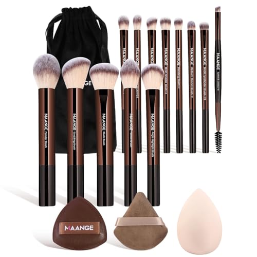 MAANGE 16PCS Makeup Brush Set Travel Makeup Brushes for Liquid Powder Contour Concealer Cream Cosmetics Blending Eyeshadow Eyeliner (Coffee) - color: Coffee