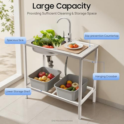 Outdoor Utility Sink,Free Standing Stainless Steel Laundry Tub, Single Bowl Portable Washing Hand Basin Station,with Cleaning Table&Storage Shelves for Garage, Restaurant, Kitchen,Camping, Backyard