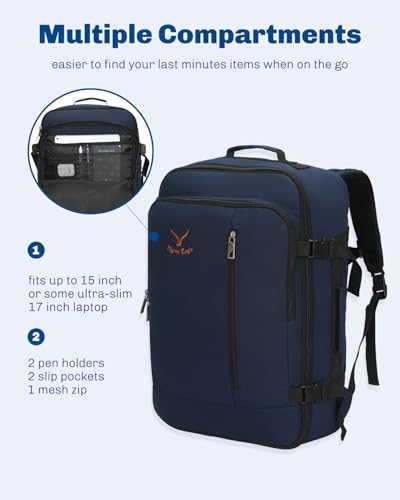 Hynes Eagle Carry on Backpack 38L Large Travel Backpack for Women Flight Approved Weekender Bag Laptop Backpack Men 15 inches Dark Blue - color: Dark Blue