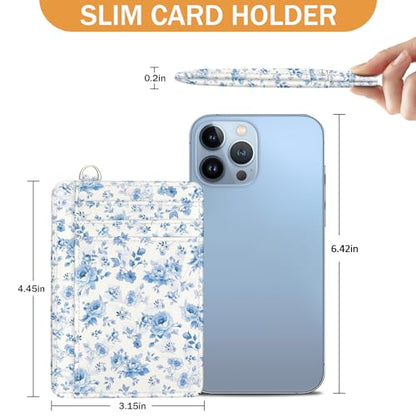 Yonlevres Credit Card Holder Slim Wallet Women, Floral Flowers RFID Blocking Small Front Pocket Travel Cute Thin ID Window PU Leather Mini Organizer Case Purse Gift Woman Girls Ladies - color: Floral Blue