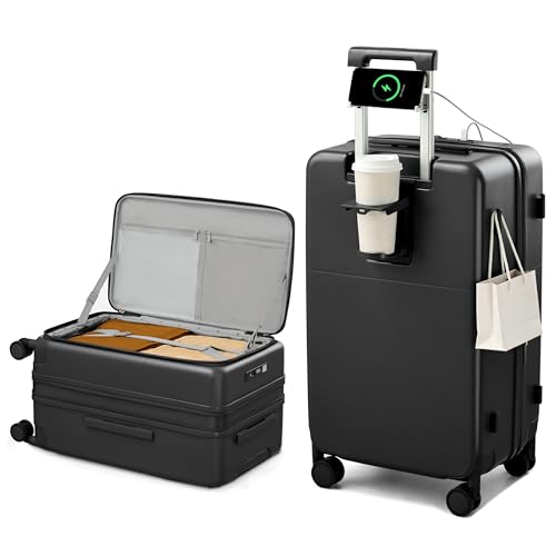 Hanke 24 Inch Expandable Checked Luggage with Cup Holder and Charger Port,Top Opening Hard Shell Suitcases with Wheels, Medium Travel Rolling Suitcase Trunk Luggage with Lock, Jet Black - color: Jet Black, size: Expandable 24 Inch