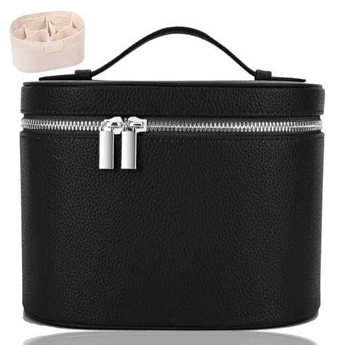 Leather Make Up Bags With Compartments, Black travel Cosmetic Bags for Women, Parallel Makeup Travel Bags Organizer Equipped With a Detachable Divider - color: Black