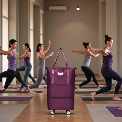 Expandable Foldable Duffel Bag with Detachable Wheels, 64L Large Capacity Rolling Travel Duffle Bag, Lightweight Carry on Luggage with Spinner Wheels, Weekend Gym Tote Bag (Deep Purple) - color: Deep Purple