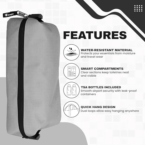 Champion - Hanging Toiletry Bag - Travel Sized Polyester Bag — Water-Resistant, Cosmetics Organizer Bag with Two Compliant Bottles - Lightweight Portable Zipped Bag for Unisex – Grey - 10"x3.9"x3.9" - style: Grey