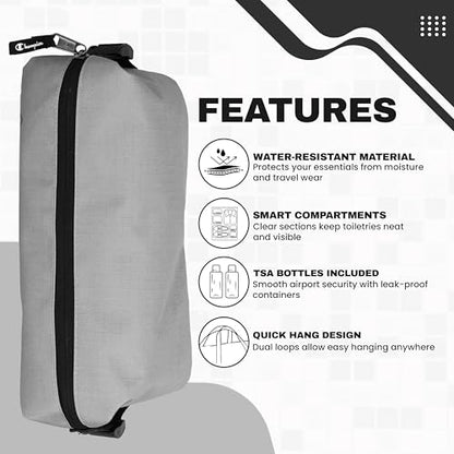 Champion - Hanging Toiletry Bag - Travel Sized Polyester Bag — Water-Resistant, Cosmetics Organizer Bag with Two Compliant Bottles - Lightweight Portable Zipped Bag for Unisex – Grey - 10"x3.9"x3.9" - style: Grey