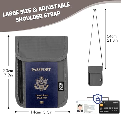 Likesing 5.5" L x 7.9" W Travel Neck Wallet, RFID Blocking Passport Holder, Security Lightweight Passport Travel Wallet, Neck Pouch Gifts for Women Men(Grey) - color: Grey