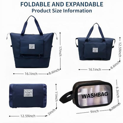 Large Capacity Foldable Travel Bag, Expandable lightweight Carry on Bag, Dry with Wet Separation Spor Duffel Bags (Dark Blue+Toiletry Bag) - color: Dark Blue+Toiletry Bag