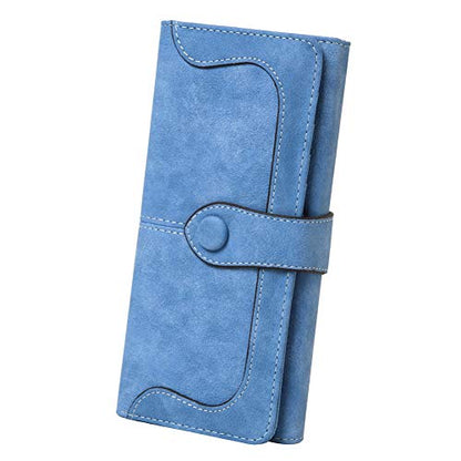 Women's Vegan Leather 17 Card Slots Card Holder Long Big Bifold Wallet - color: Light Blue