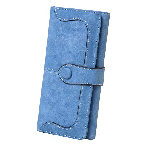 Women's Vegan Leather 17 Card Slots Card Holder Long Big Bifold Wallet - color: Light Blue