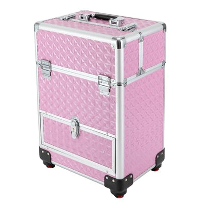 3in1 Rolling Makeup Train Case,Aluminum Trolley Case with 360° Rotation Wheels for Professional Salon Barber Traveling Cart Trunk Cosmetic Beauty Storage (Pink 18.5in) - color: Pink 18.5in